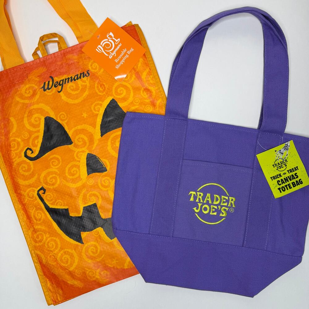 2 HALLOWEEN TOTE BAGS — Trader Joe’s Canvas Purple Mini + Wegmans Jack-o-Lantern